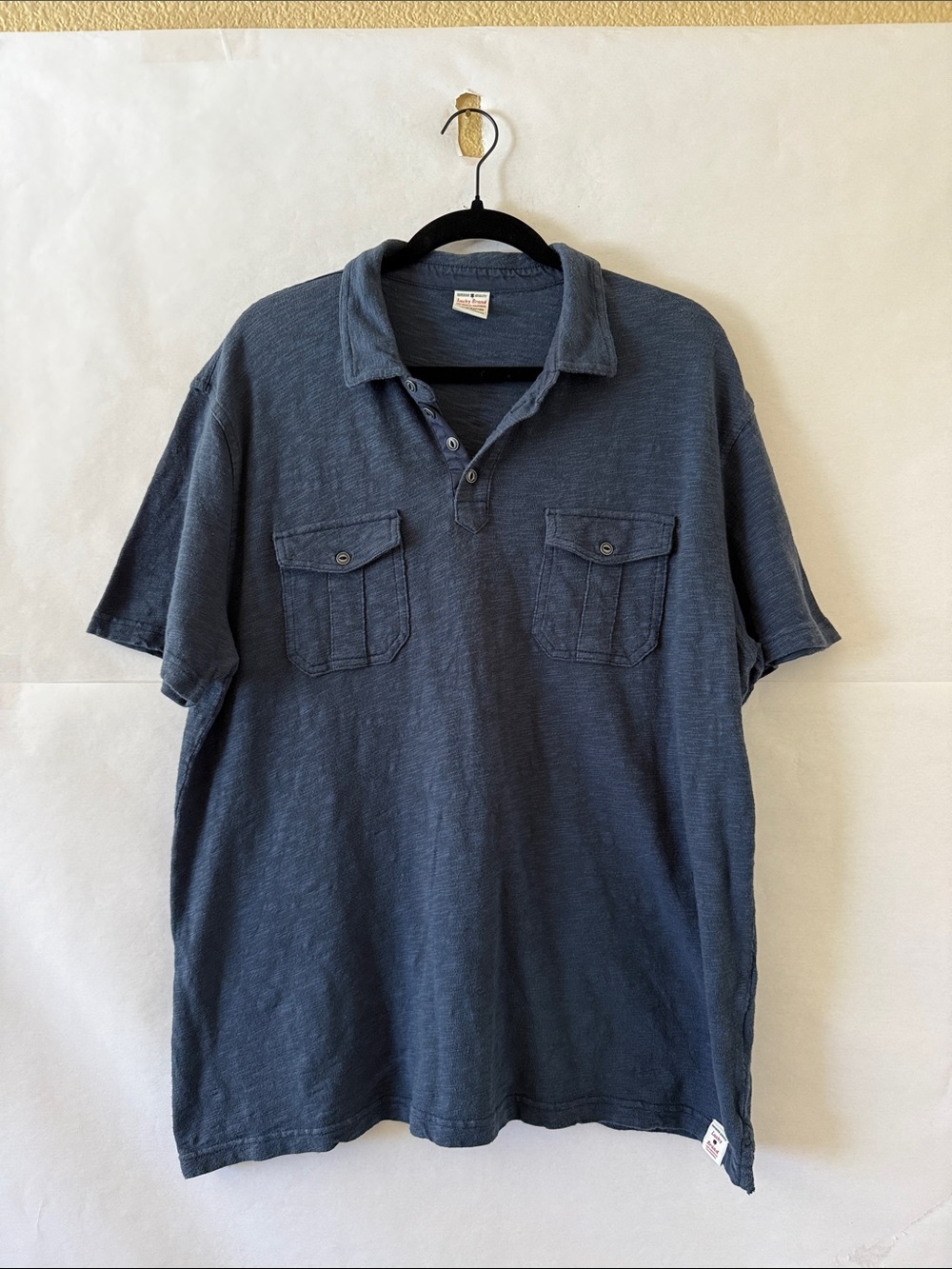 Lucky Brand Navy Short Sleeve Polo Size XL 100% Cotton Slub Knit Minimalist